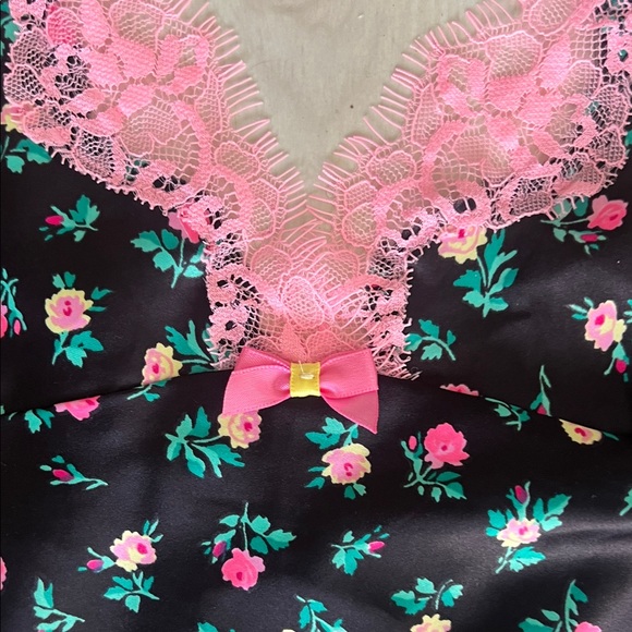 Betsey Johnson Other - Betsey Johnson Black Chemise with Pink Floral Lace